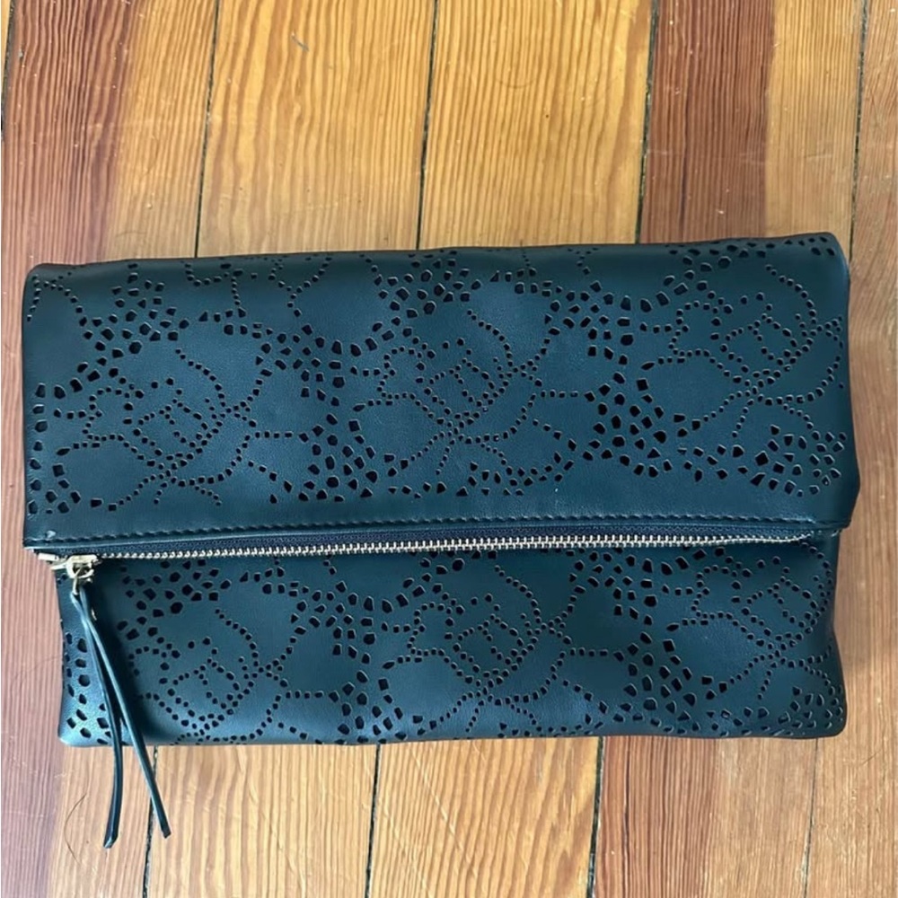 Black Foldover Clutch/Crossbody with Gold Chain